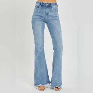 Risen High Rise Frayed Hem Flare Jeans